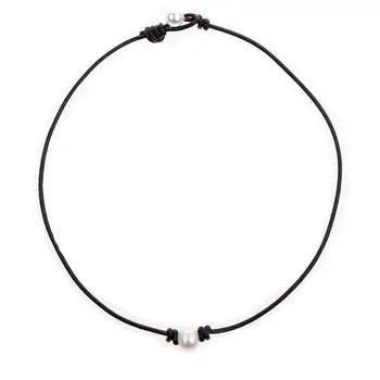 Single Cultured Natural Freshwater Pearl Choker Necklace for Women Genuine black Leather Jewelry Handmade collar 16inch