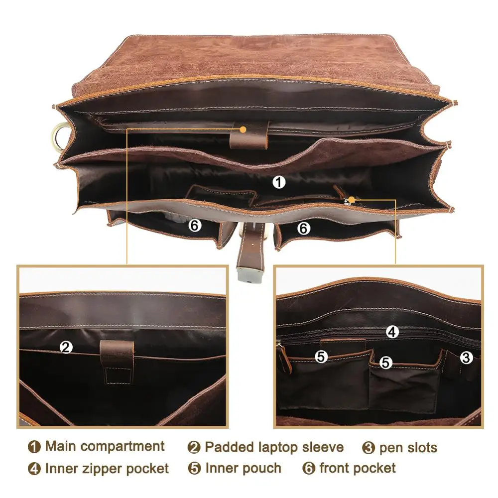 TIDING Custom Classical Vintage Crazy Horse Leather Mens Business Briefcase Combination Key Lock