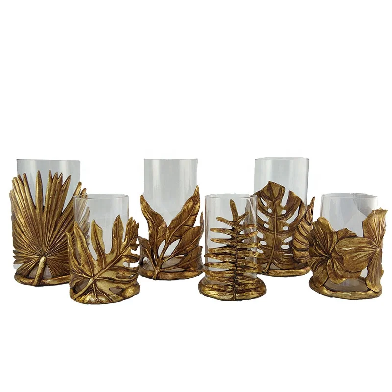 Glass Candle Holder Gold Maple Leaf Shaped Resin Base Home Decor