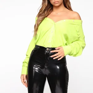 New Fashion Neon Yellow Long  Sleeve Button Down  Blouse  Ladies Shirt Women