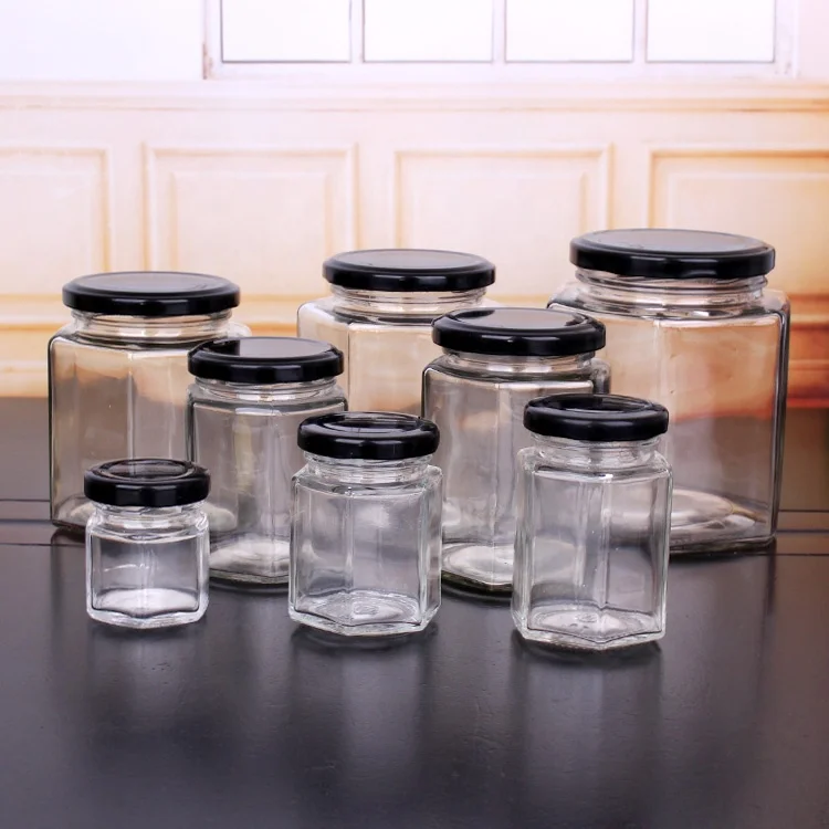 Free Sample 50ml 180ml 380ml 500ml Hexagonal Glass Honey Jars with Lids