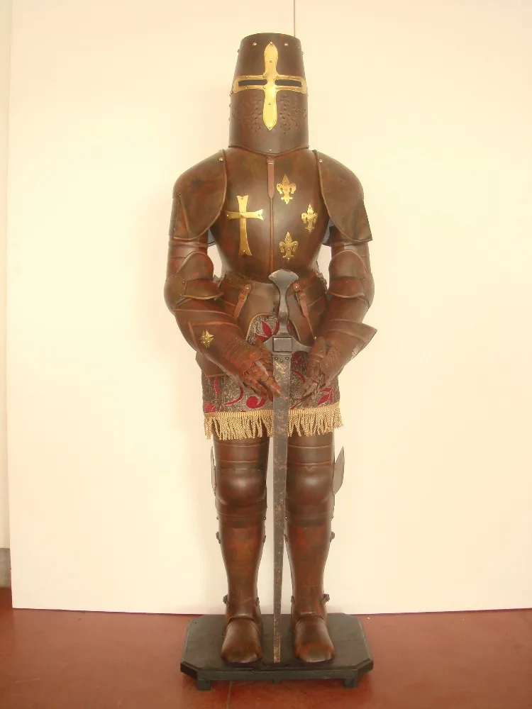 Bronze Armored Knight and Horse with Jousting LanceMedieval Sculpture