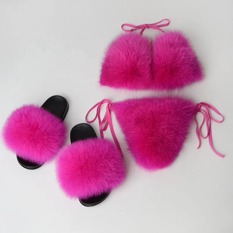 Fox Fur Bikini Bra Set With Real Furry Hair Pink Fuzzy Slippers Womens Sexy  And Warm Indoor Fluffy Underwear For Girls And Women From Wangwensi2011,  $56.68