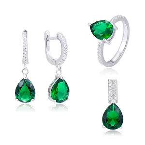 POLIVA Luxury Fashion Emerald Jewelry Sets Teardrop Green Crystal Stone with 925 Silver Crystal Rhinestone