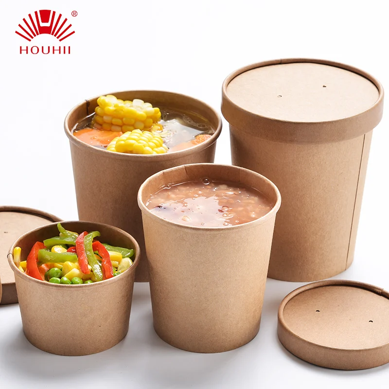 26oz 780ml Eco Friendly Brown Kraft Salad Paper Soup Bowl With Paper Lids