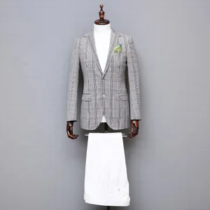 High-End Bespoke Men's Plaid Grey Woolen Suit Custom Single Breasted Model Anti-Wrinkle Anti-Shrink Zipper Fly Flat Front Style