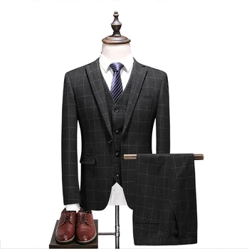 Wholesale customized 100% wool slim fit 3 pieces office suits grey checks coat pants men wedding suits