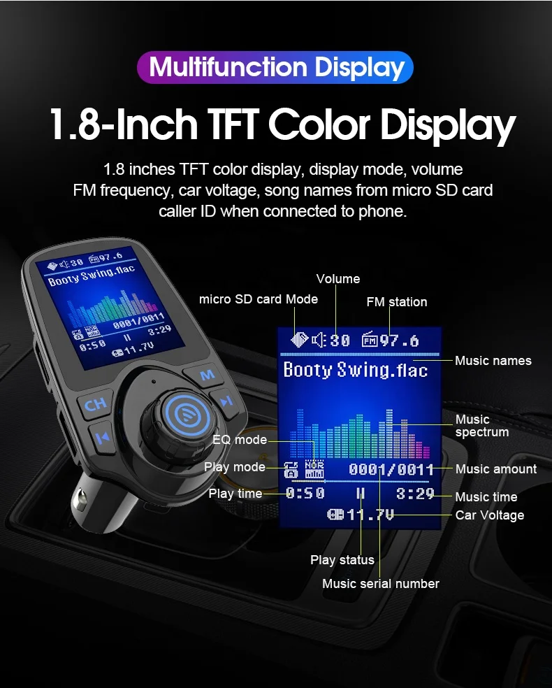 Kit vivavoce per auto Bluetooth T43 Display a colori TFT da 1,8 3 porte USB