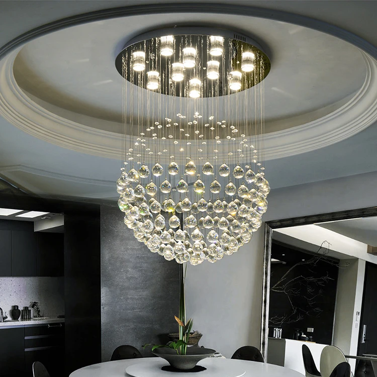 Round Shade Hanging Light LED K9 Crystal Ceiling Chandelier Lamps for Hotel Room Decor