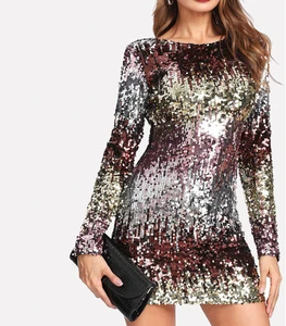 Fall Long Sleeve V Neck Sequin Woman Mini Dress