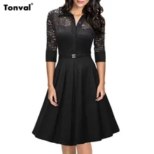 Tonval 2016 Women Lace Rockabilly Dress Vintage Evening Party Sexy Autumn Dress 1950s Turn Down Collar Elegant Black Dresses