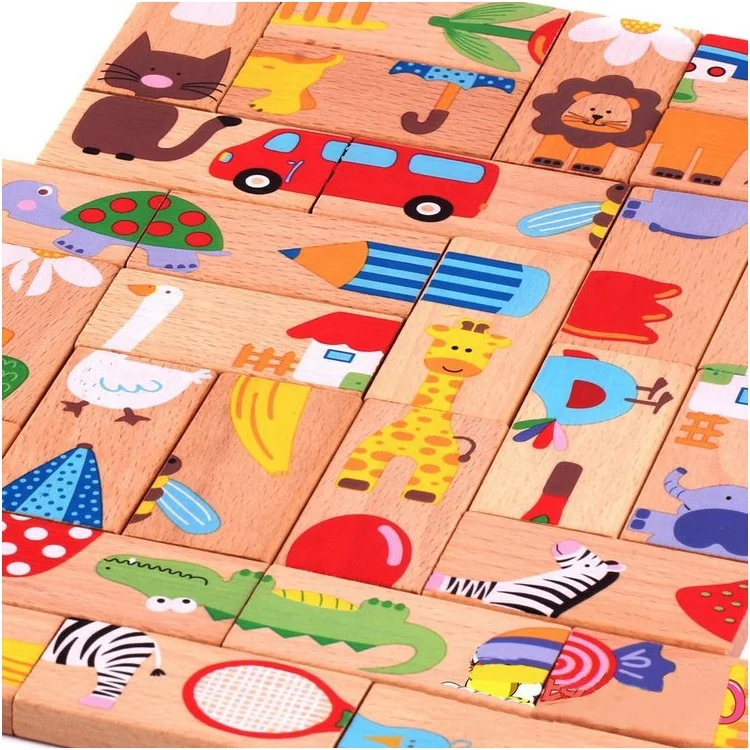 Animal Pattern Wooden Building Blocks Puzzle Toys Colored Dominoes for Kids