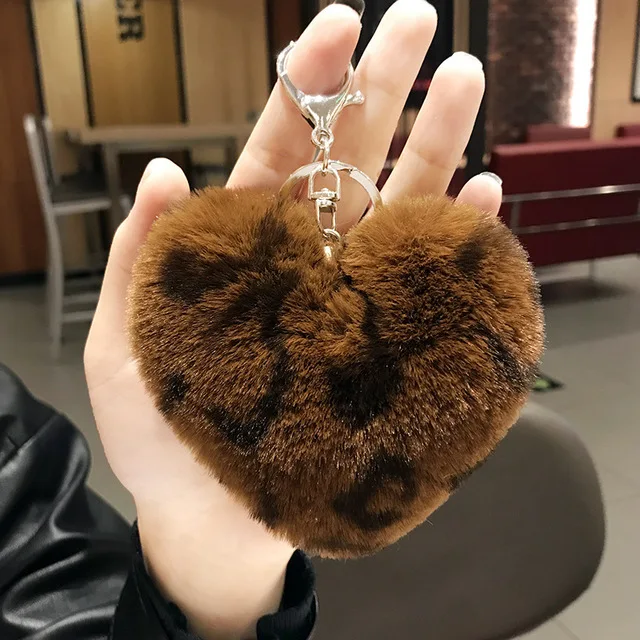 Fluffy Leopard Print Heart Keychain Pompom Rabbit Fur Ball Key Chains Car Bag Keyring