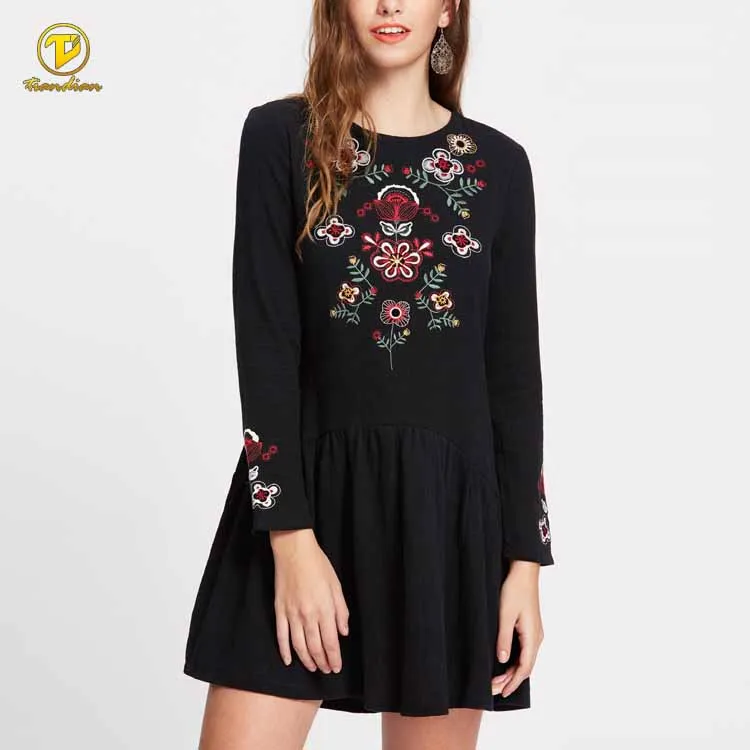 Wholesale Hand Flower Embroidered Drop Waist Long Sleeve Maxi Lady Smock Dress Wholesale Hand Flower Embroidered Drop Waist Long Sleeve Maxi Lady Smock Dress