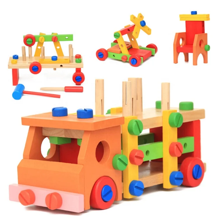 Multi-Functional Diy Tools Truck Knocking Screw Wooden Toy Car Assembly Kit Mga Laruan Pang-edukasyon na building blocks na mga laruan