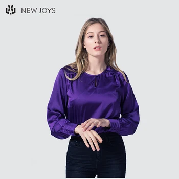 OEM/ODM Breathable Solid Silk Hand Purple Blouse Women Long Sleeve Shirts O neck Satin Office Blouses