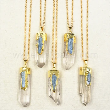 WT-N766 Newest Natural clear crystal quartz point pendant necklace with blue kyanite charm