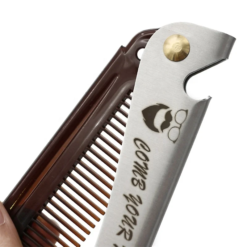 Fashion Men Beard Logo Printed Stainless Steel Comb Bottle Opener Folding Metal Comb