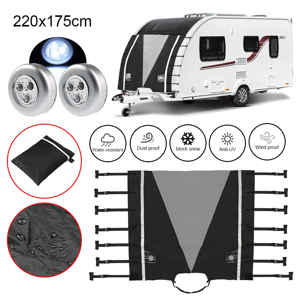 xiangpian183 Caravan Towing Cover Caravan Front Protection Covers with 2 LED Lights Fit for Motorhome & Trailer Covers 86.61 x 68.90 inch