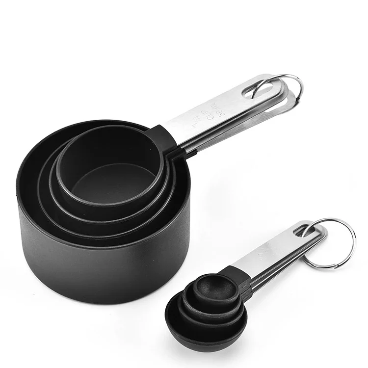 Kitchen Gadgets Stackable 8-piece Black Plastic Measuring Cups and Measuring Spoon Set with Stainless Steel Handle