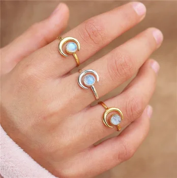 Vintage Moon Rings Adjustable Women Gold Simulated Moonstone Rings For Women Simple Healing Crystal Thin Ring Gifts