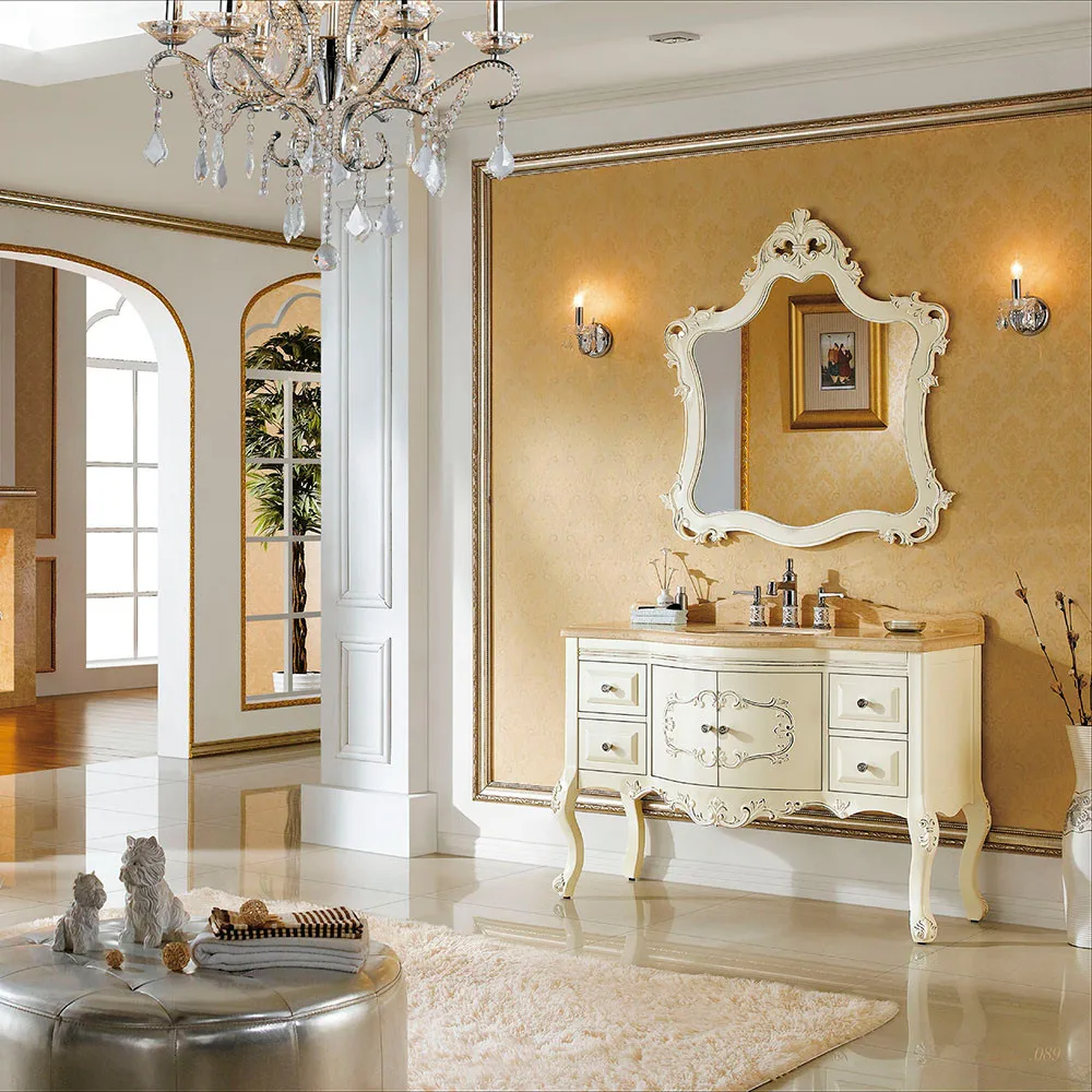 European Style Waterproof Bathroom Mirror Cabinet 48 Inch Wood Double Sink Bathroom Vanity Set with Sink
