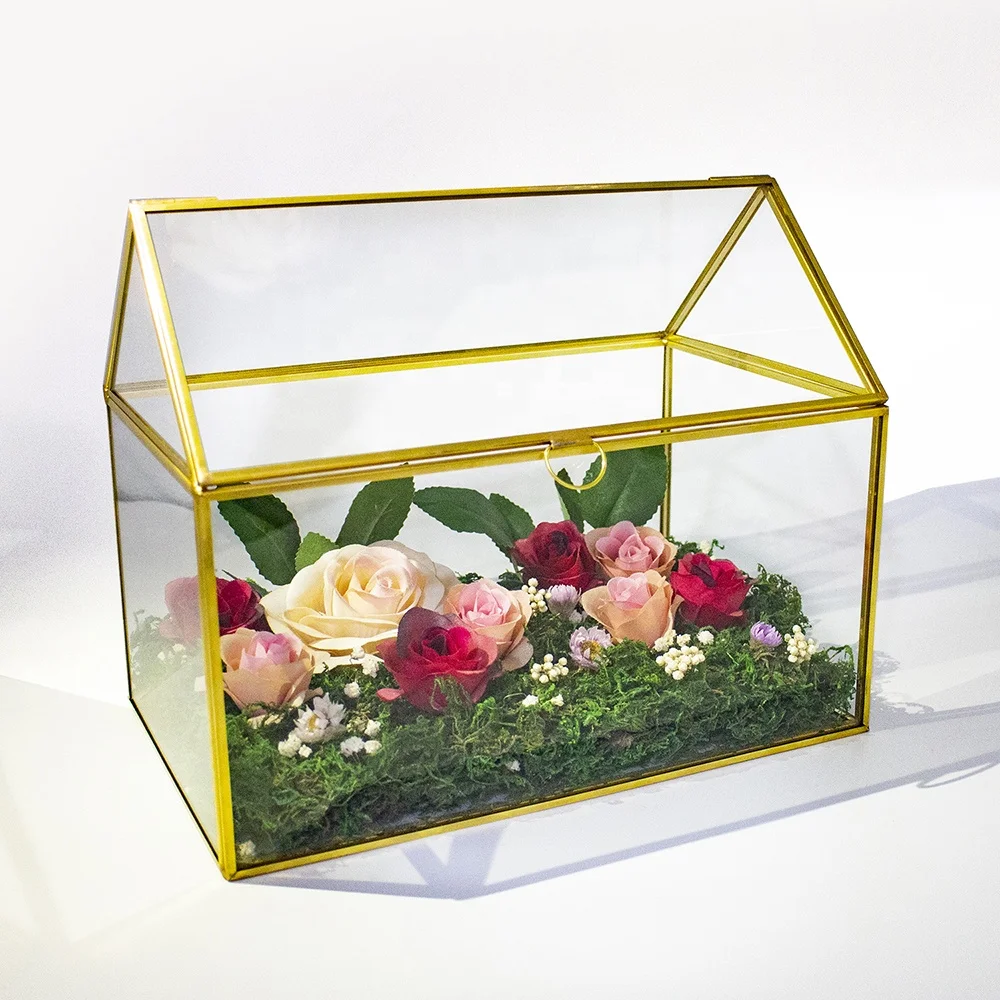 Gold Glass Card Box, Large Wedding Card Holder, Handmade Terrarium