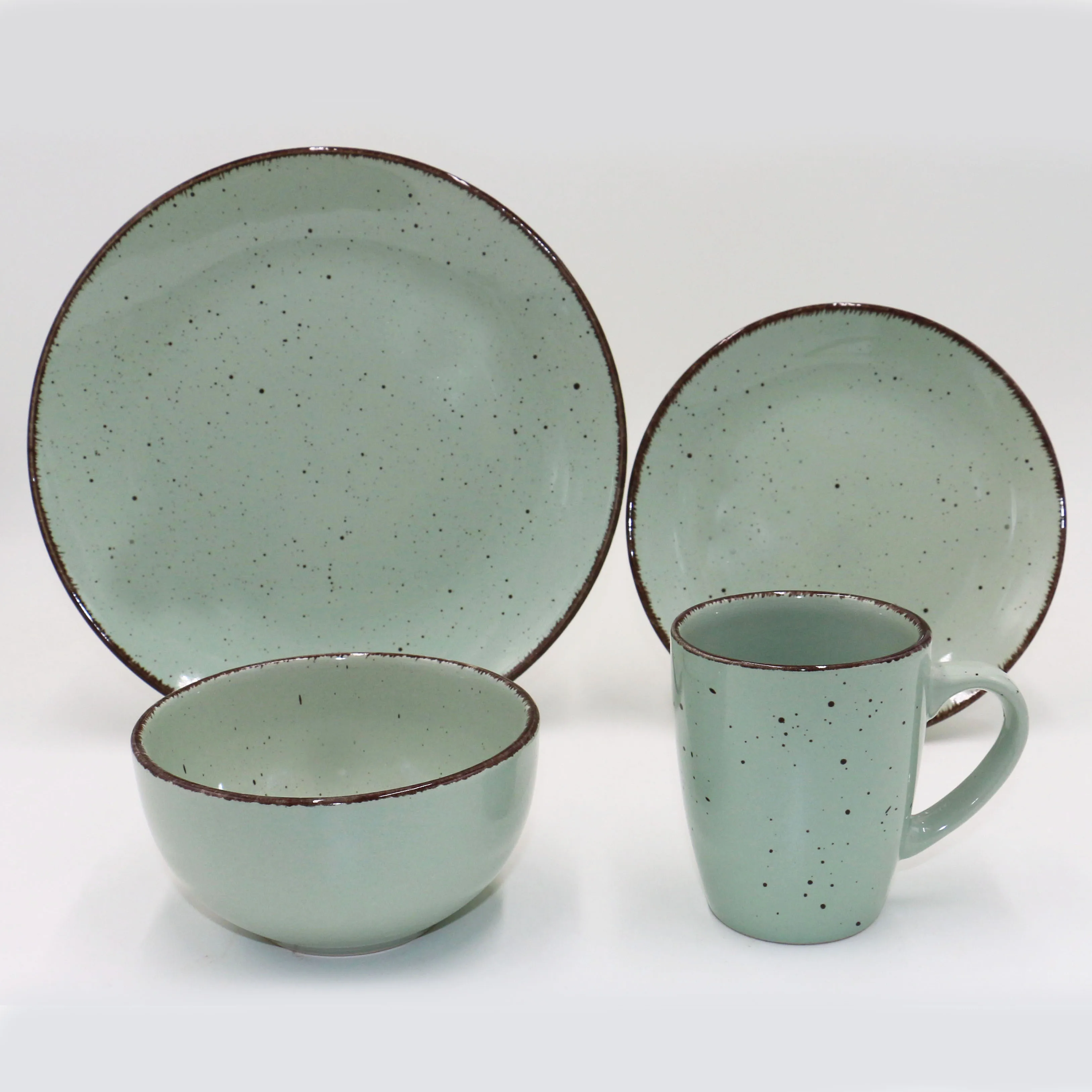 Solid Color with Dots Stoneware Dinner Set with Brown Rim for 4 Person