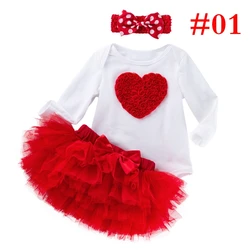 3 предмета в комплекте, комплект детской одежды с красным сердцем Нарядный комбинезон 6 слой юбки-пачки и повязка на голову с бантом, День Святого Валентина, комплект одежды для детей