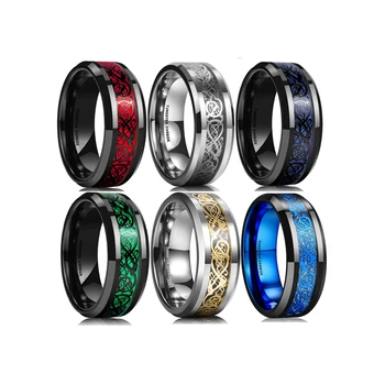 Fashion Dragon Carbon Fiber Inlay Polish Tungsten Carbide Rings Jewelry Comfort Fit