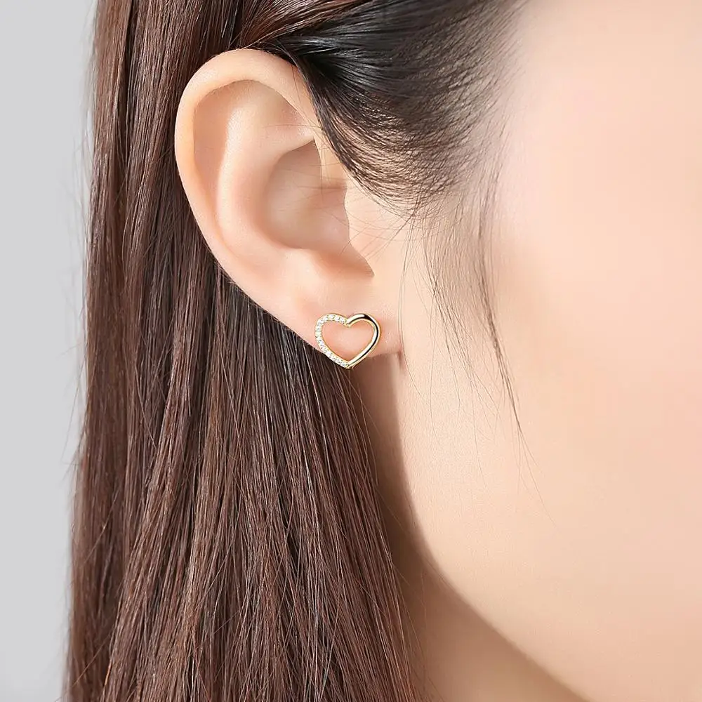 CZCITY Fashionable 925 Sterling Silver Small CZ Paved Heart Love Cz Stud Earrings for Women