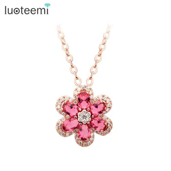 LUOTEEMI Wholesale Charm Luxury Ruby Color Cubic Zirconia Fahion Bridal Pendant Jewelry Big Flower Necklace for Women