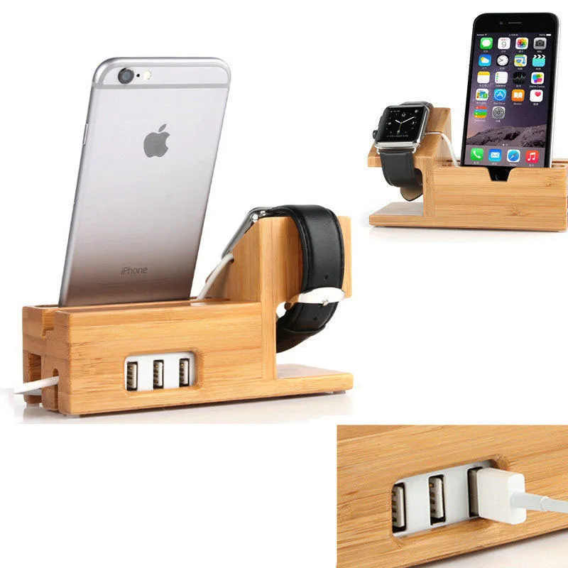 Dock station per smartphone e smartwatch di legno