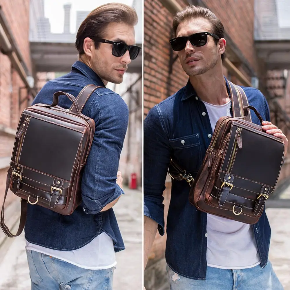 TIDING Small Sling Genuine Leather Chest Backpack Unisex Vintage Leather Back Pack