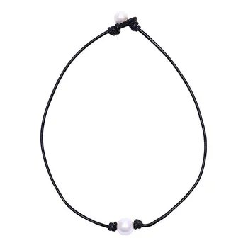 Single Cultured Freshwater Pearl Choker Genuine Leather Necklace for Women