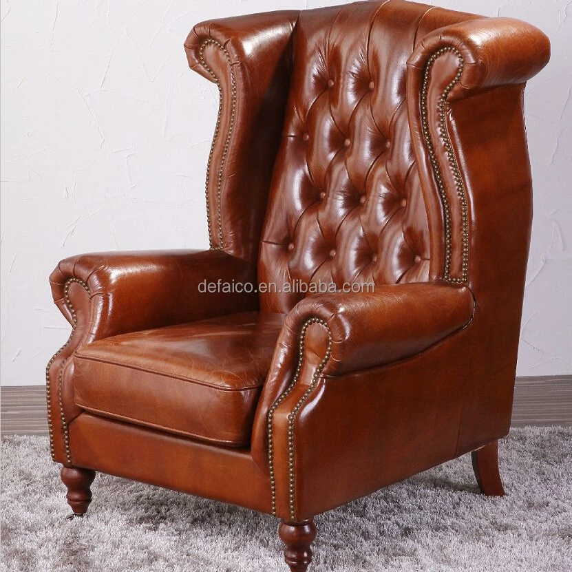 Vintage Wood Frame Tan Leather Wing Armchair Tufted Wingback Chair for  Living Room
