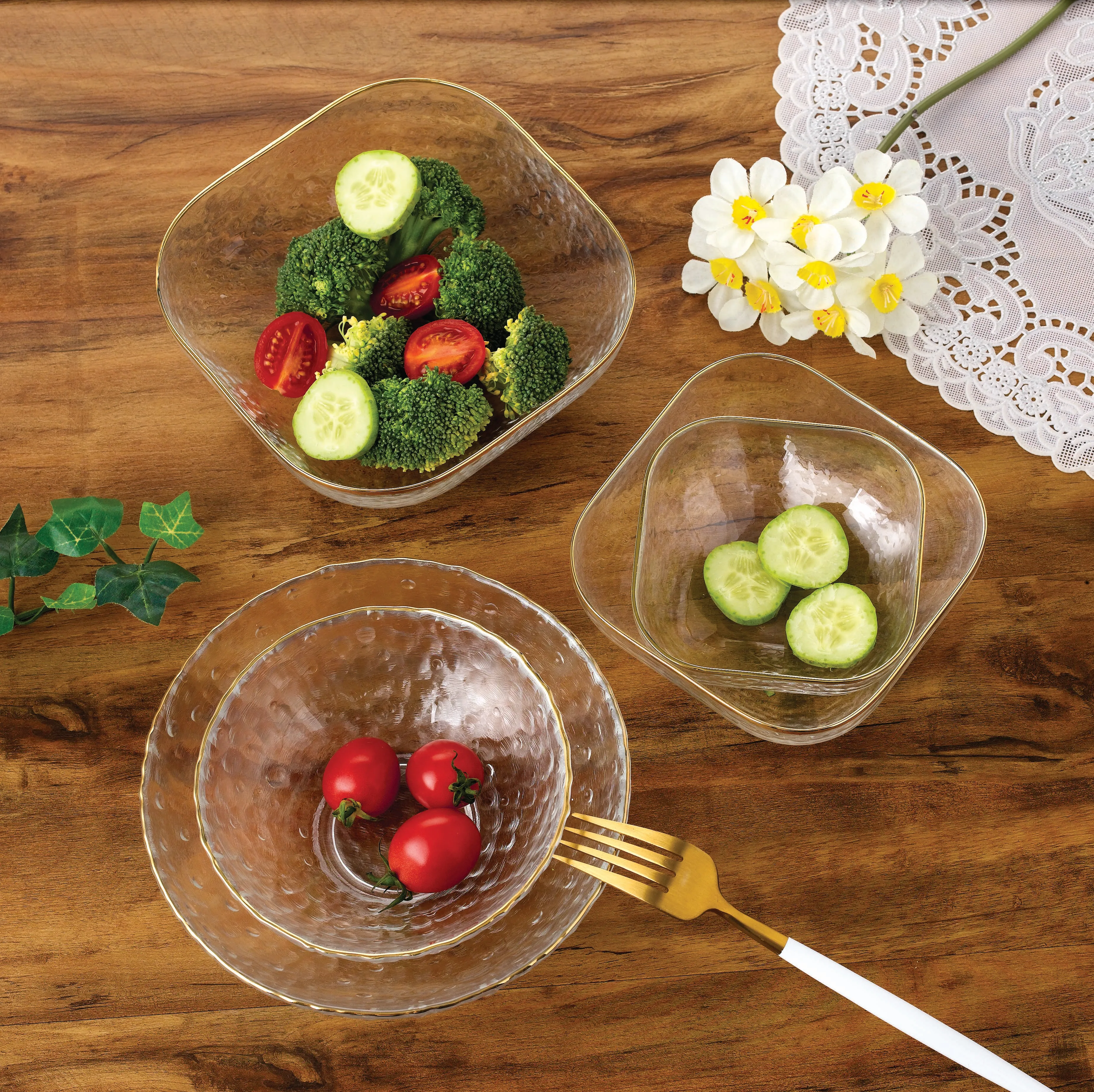 Different size stackable high borosilicate glass lunch bowl set clear salad bowl