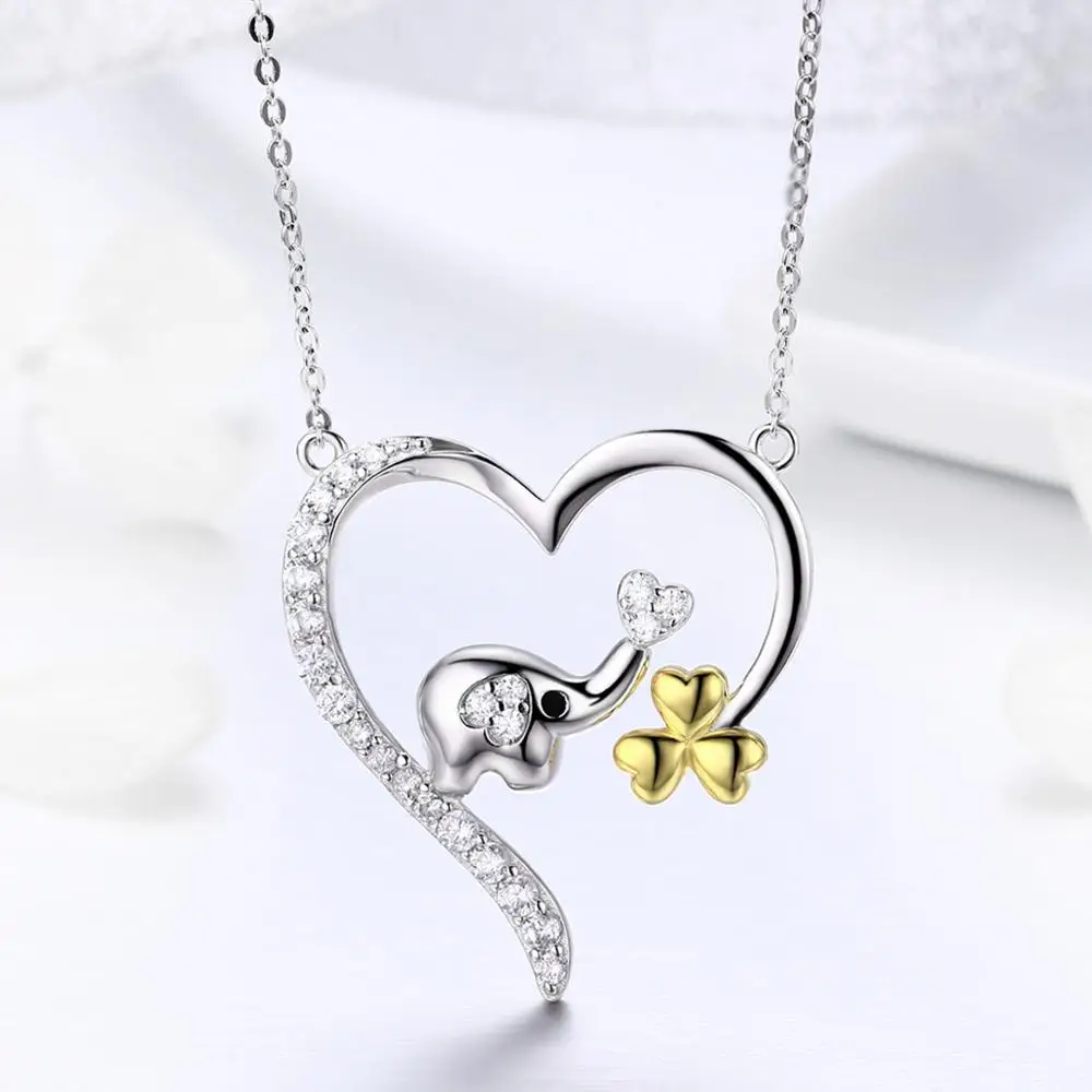 BAGREER SCN247 Cute  Elephant With 18k Gold Plated Lucky Clover Big Heart Pendant Custom  Necklace for Women Girls Jewelry