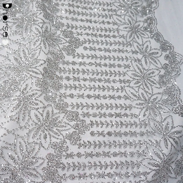 High End Netting Strip Broken Drill Silver Glitter Lace Fabric