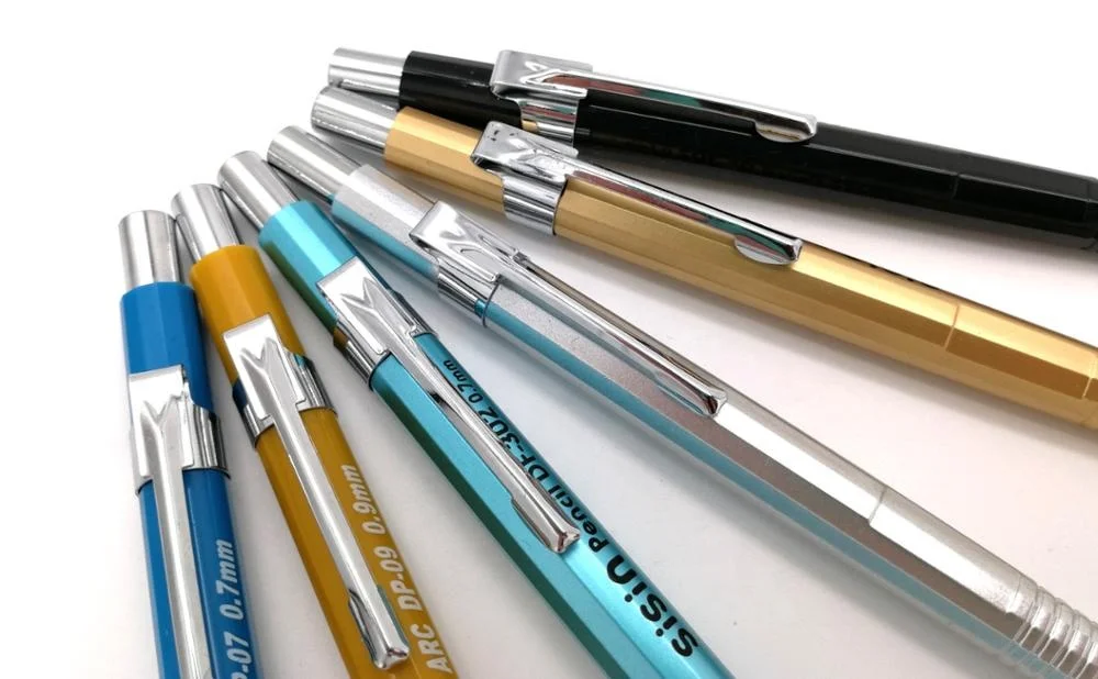 
 Металлический механический карандаш многоугольной формы с верхним ластиком внутри  