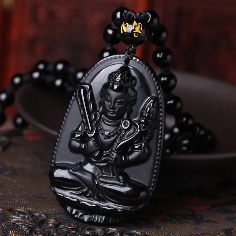 obsidian Bodhisattva black Pendant Handmade Lucky Carved rope Chinese Men Women 