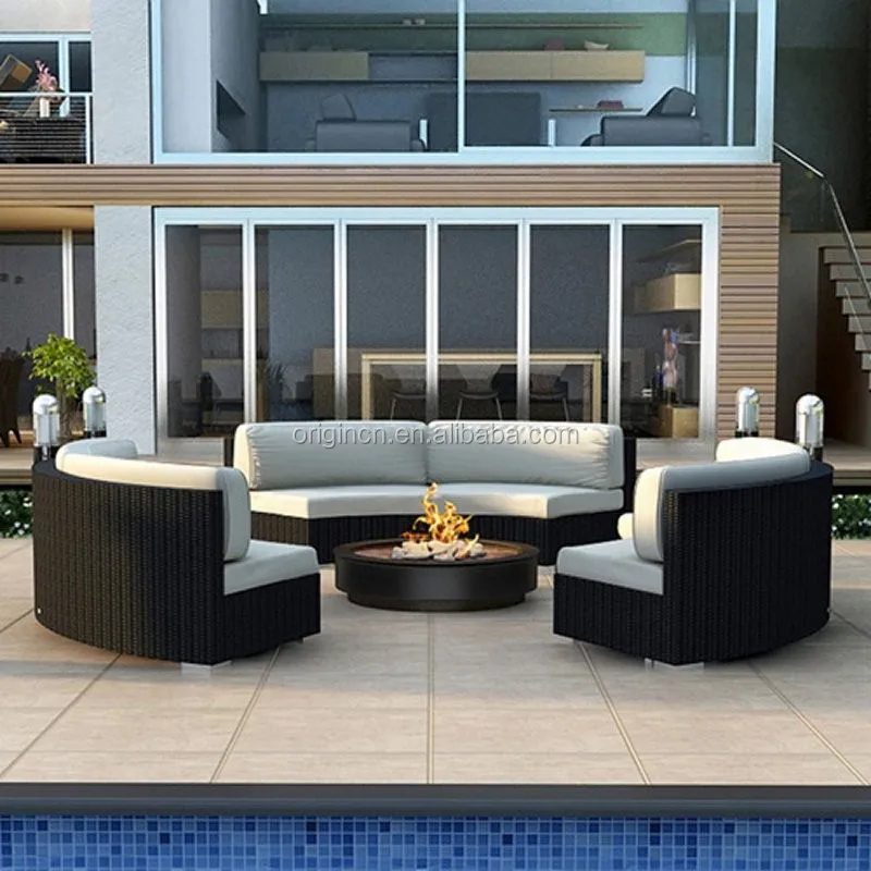 Luxury Design 3 Pcs Armless Curved Sofa Garden Bench Outdoor Furniture Rattan Round Sectional Sofas