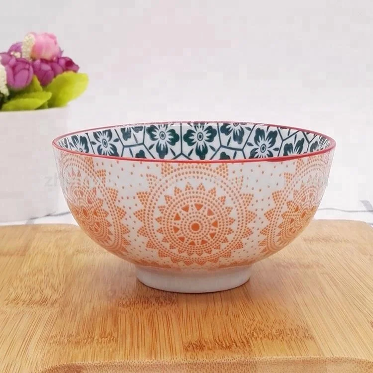 Japanese Creative Bohemian Pattern Porcelain Dinnerware Pad Printed Striped Bowl Ramen Soup Rice Safe Home Restaurant Use