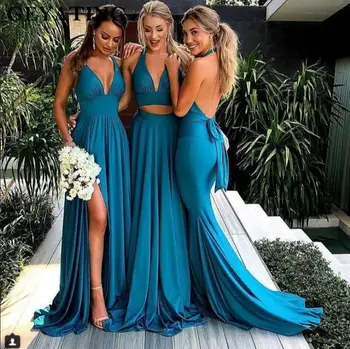 DB002 vestidos de dama de Honor con corte lateral azul turquesa vestidos largos sexys de sirena con espalda descubierta y cuello de pico 2023 para novia y dama de Honor Alibaba