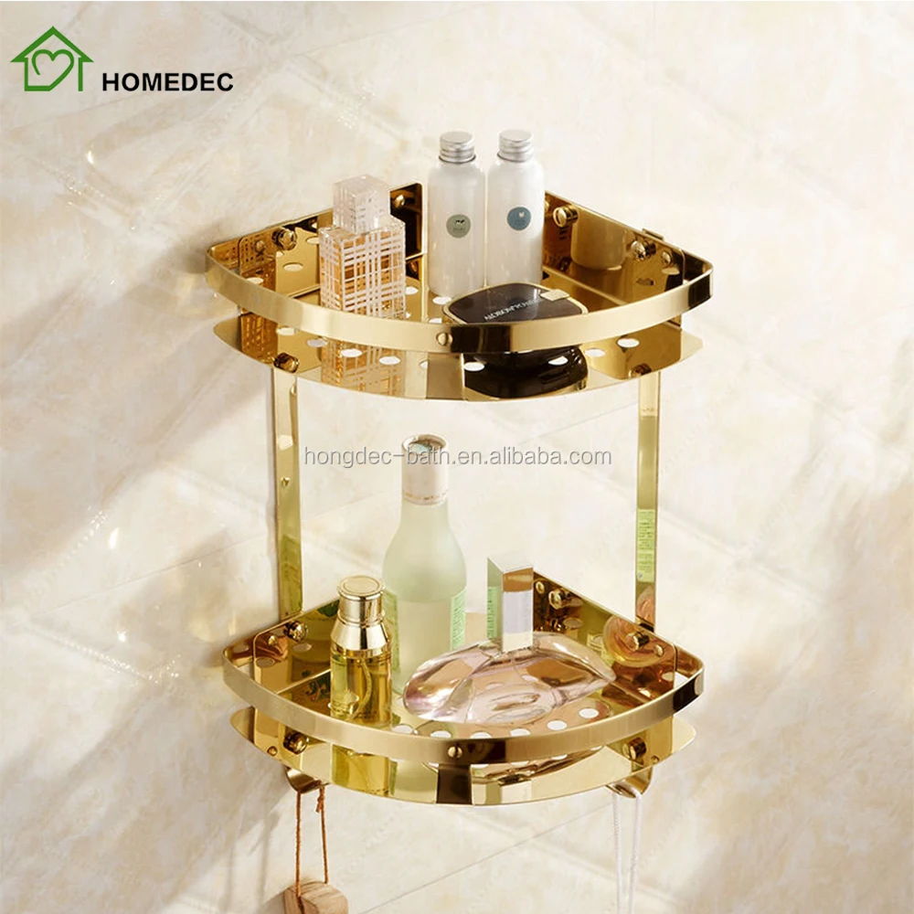 Luxury Gold Brushed Brass Bathroom Corner Shelf Wall Mounted Hotel Shower  Caddy 1 - 3 Thickened Decorative