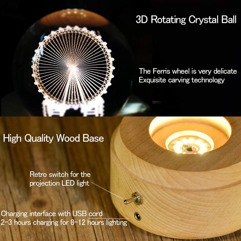 Романтическая 3D Музыкальная шкатулка с хрустальным шаром колесо обозрения светящаяся вращающаяся на деревянной основе со светодиодной