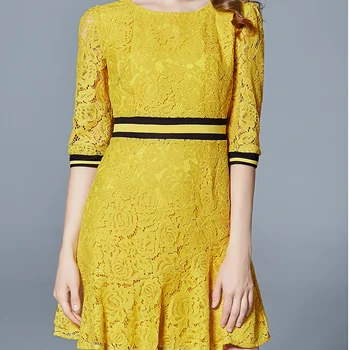 fashion women casual high quality round neck half sleeve lace knee length dress