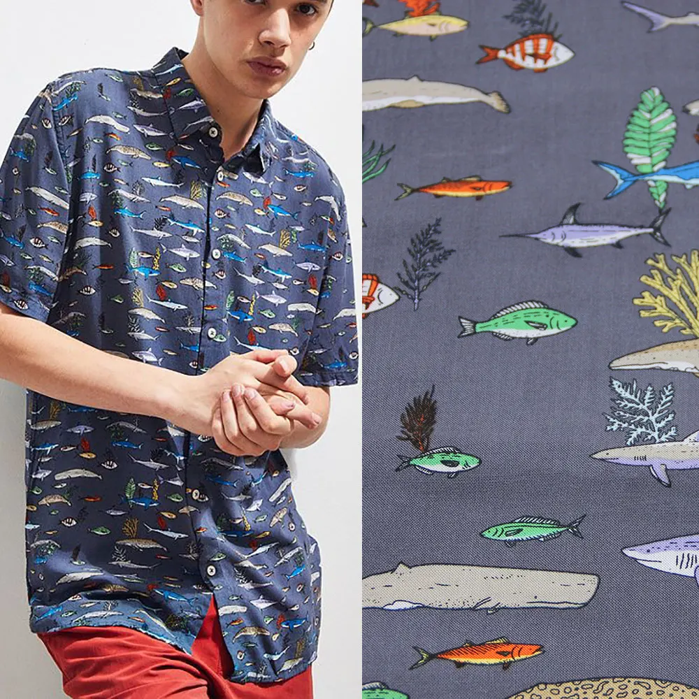 Высококачественная 140gsm вискозная цифровая ткань с принтом рыбы для мужской повседневной рубашки