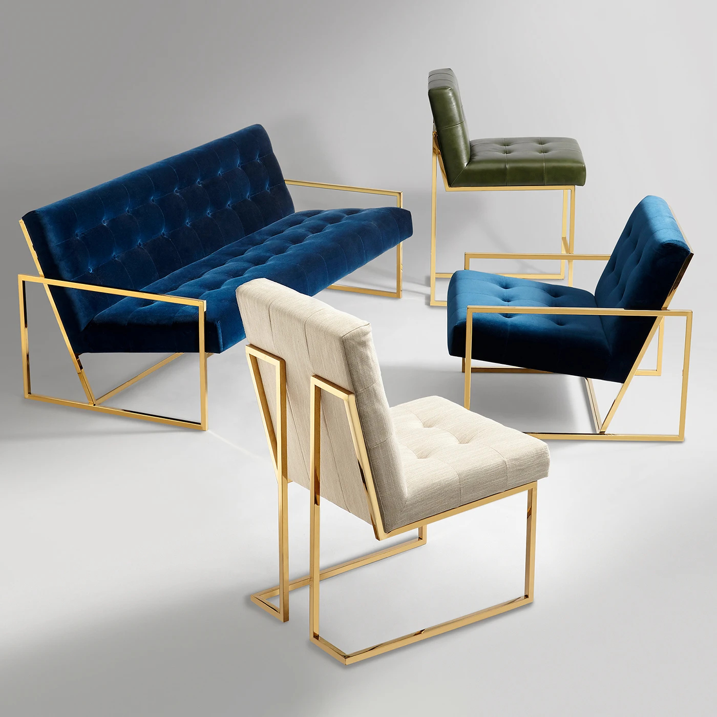 Mid Century Design Blue Velvet Customizable Velvet Fabric Jonathan Adler Lounger Goldfinger  Gold Dining Chairs