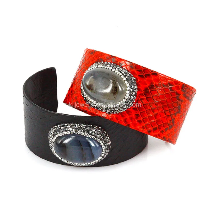 Bohemia Pave Rhinestone Green Turquoise Cuff Bracelet Bangle With Snake Python Skin Pattern Leather Open Bracelets for Women